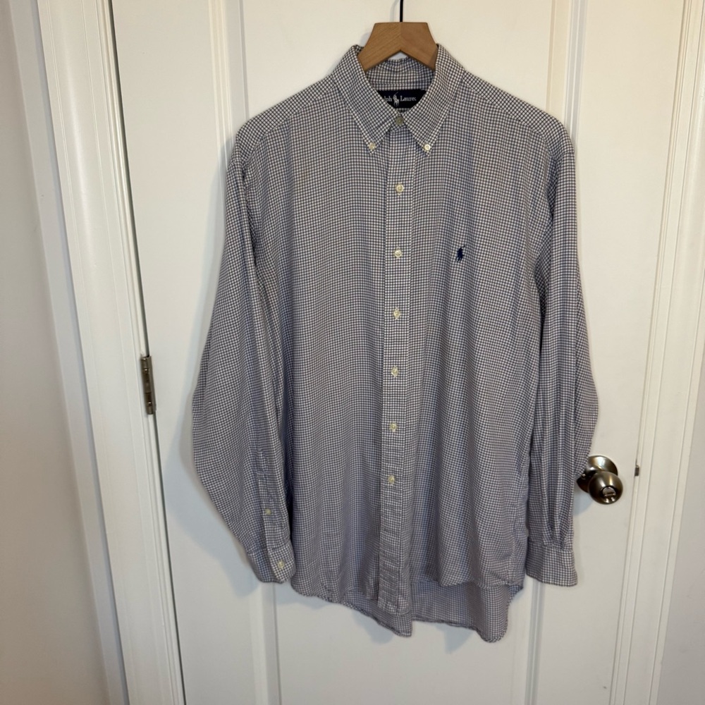 Polo Ralph Lauren Blue White Check Mens 16 34/35 Long Sleeve Button Down Shirt